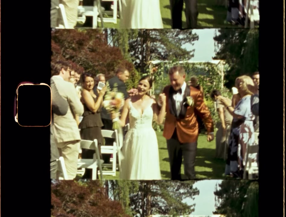 Walking back up the aisle in a rust tuxedo